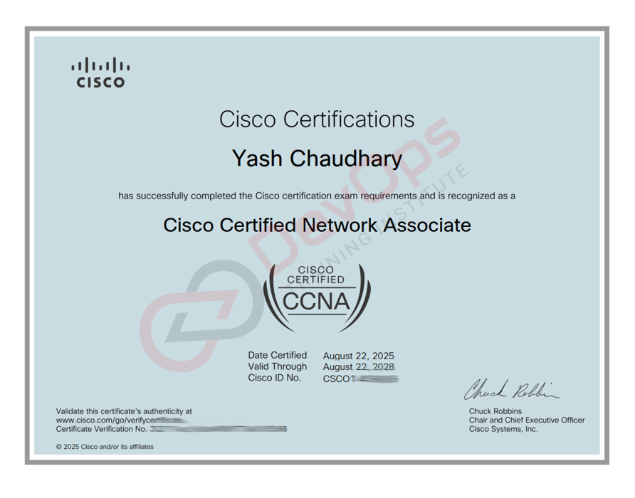Cisco CCNA certificate earned by a DevOps Training Institute learner