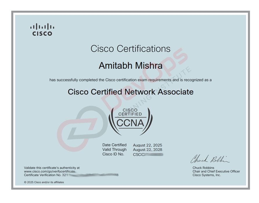 Cisco CCNA certificate earned by a DevOps Training Institute learner