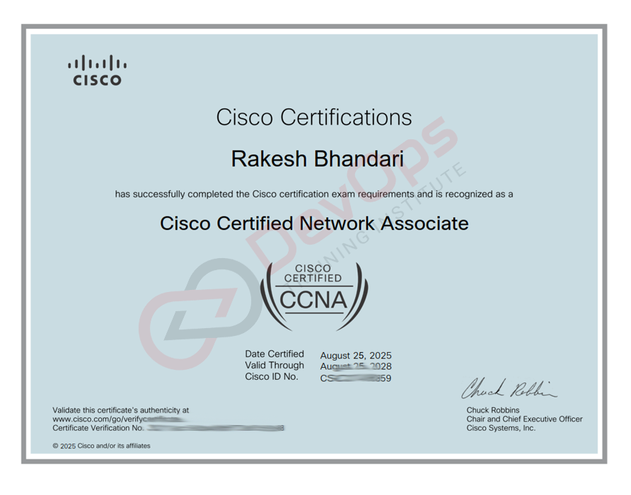 Cisco CCNA certificate earned by a DevOps Training Institute learner