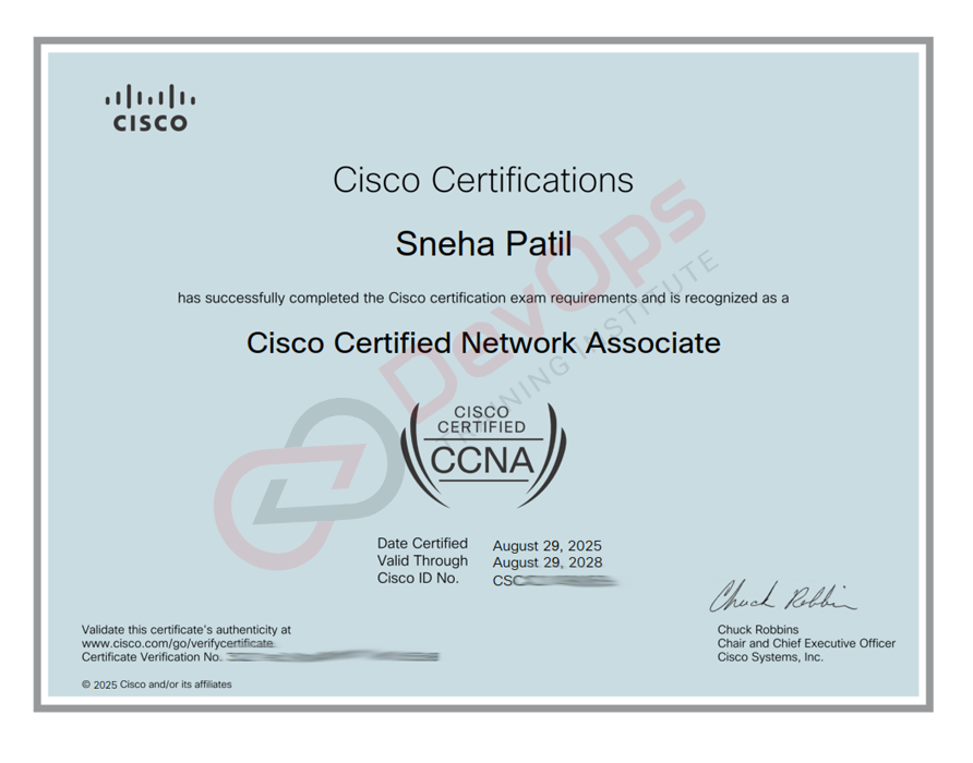 Cisco CCNA certificate earned by a DevOps Training Institute learner